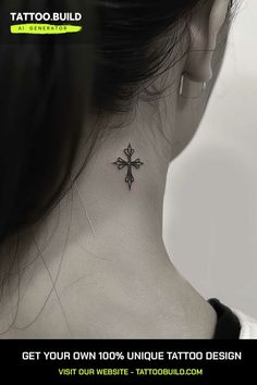 a woman with a small cross tattoo on her neck