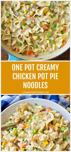 one pot creamy chicken pot pie noodles in a white bowl with the title above it