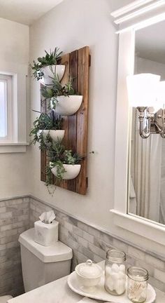 a white toilet sitting next to a sink in a bathroom under a wooden shelf filled with potted plants