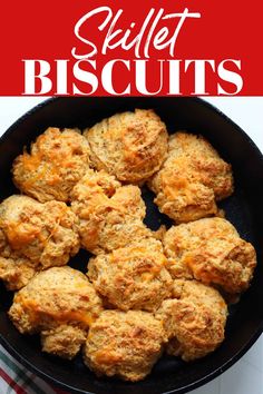 biscuits in a skillet with text overlay