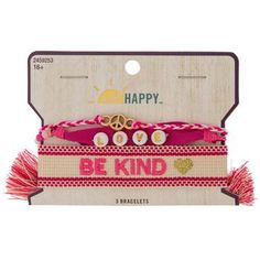 Smallest Thickness: 0.33" Largest Thickness: 0.78" Size: One Size Fits Most Material: Fabric, Metal & Plastic Color: Pink, White & Beige Metal Color: Gold Age Grade: 16+ Quantity: 3 Spread positivity when you wear this Be Kind Bracelet Set! This eye-catching set features fabric bracelets that have an intriguing pink and white color combination. Mix and match these bracelets or give some to your friends for a fun activity!    Full Text:  Be Kind Love Inspirational Pink Adjustable Bracelets, Inspirational Pink Bracelet With Adjustable Fit, Inspirational Pink Adjustable Bracelet, Inspirational Pink Bracelets For Valentine's Day, Bohemian Adjustable Friendship Bracelets For Mother's Day, Adjustable Bohemian Friendship Bracelets For Mother's Day, Adjustable Bohemian Friendship Bracelet For Mother's Day, Fabric Bracelets, Spread Positivity