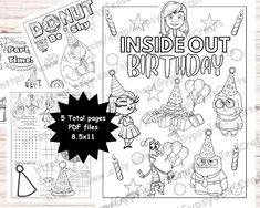 the inside out birthday coloring book and activity sheet for kids to color in with their own pictures