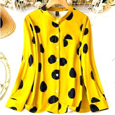 Mustard Yellow Casual Shirt Yellow Long Sleeve Printed Top, Polka Dot Long Sleeve Shirt For Spring, Relaxed Fit Cotton Blouse In Polka Dot, Relaxed Fit Cotton Blouse With Polka Dot, Polka Dot Cotton Blouse With Relaxed Fit, Cotton Polka Dot Blouse With Relaxed Fit, Casual Polka Dot Blouse For Fall, Polka Dot Long Sleeve Top With Relaxed Fit, Long Sleeve Polka Dot Top With Relaxed Fit