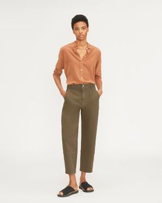 The Utility Barrel Pant Dark Moss – Everlane Standard Cut Leg Pants For Workwear In Fall, Fall Workwear Bottoms With Standard Cut Leg, Everlane Fall Workwear Pants, Everlane Straight Leg Bottoms For Fall, Classic Bottoms With Standard Cut Leg For Fall, Fitted Everlane Bottoms For Spring, Everlane High-waisted Pants, Classic Everlane Bottoms For Workwear, Everlane Relaxed Fit Bottoms For Fall