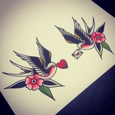 two birds with hearts and flowers on their wings are shown in this tattoo art design