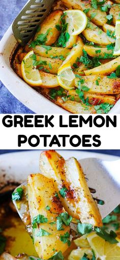 two pictures with different types of food in them and the words greek lemon potatoes on top