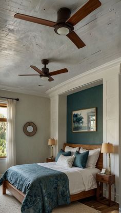 a bed sitting in a bedroom next to a window with two lamps on either side of it