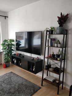 a living room with a large flat screen tv on the wall next to a book shelf