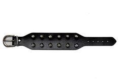 comfortable design. It measures 10 inches in length and 1.5 inches in width, made from soft black leather with adjustable metal buckle, adorned with 10 glossy black alloy metal studs that stick out 1 inch. Punk Black Bracelet With Silver Studs, Black Edgy Wristband With Studs, Black Leather Punk Bracelet With Silver Studs, Punk Leather Bracelet With Studs, Punk Style Studded Leather Bracelet, Edgy Leather Bracelets With Studs, Black Rocker Bracelets With Rivets, Black Rocker Bracelet With Studs, Black Rivet Rocker Bracelets