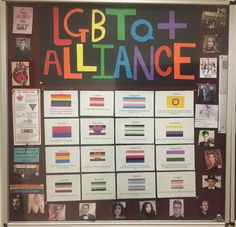 a bulletin board with pictures and words on it that say lgbt alliance at the bottom