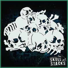 a bunch of skulls sitting next to each other on a black and green background with the words skull stacks