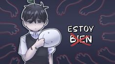 an animated image of a boy holding a white object in his hand with the words estoy bien on it