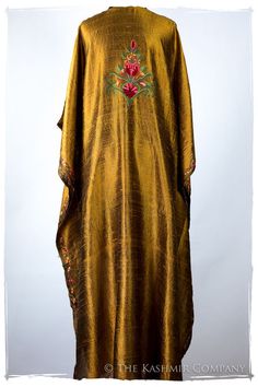 Française Amoureuse de Avéline Gold Silk Robe — Seasons by The Kashmir Company Gold Silk Kaftan For Wedding, Embroidered Silk Kaftan With Kimono Sleeves, Silk Embroidered Evening Kaftan, Silk Embroidered Kaftan With Kimono Sleeves, Elegant Embroidered Silk Kimono, Silk Kimono With Floral Embroidery, Bohemian Silk Kaftan For Wedding, Silk Bohemian Kaftan For Wedding, Silk Kaftan With Kimono Sleeves For Wedding