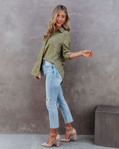 Kingdom Satin Embossed Button Down Blouse - Moss - FINAL SALE – InsStreet Simple Bangle, Mini Necklace, Woven Chain, Leopard Spots, Pointed Heels, Distressed Denim Jacket, Cropped Denim Jacket, Patent Leather Pumps, Button Down Blouse