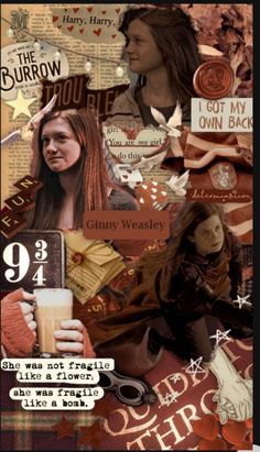 the collage is made up of many different pictures and words, including an image of a woman with long hair