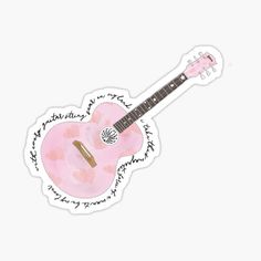 a pink guitar sticker with writing on it's back and neck, sitting in front of a white background