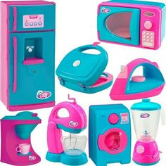 the toy kitchen set is blue and pink with various accessories including a microwave, blender, toaster, ice cream maker, and more