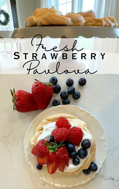 fresh strawberry and blueberry pavlova on a white plate