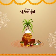 happy pongal greeting card with potted palm tree and sweets on decorative background