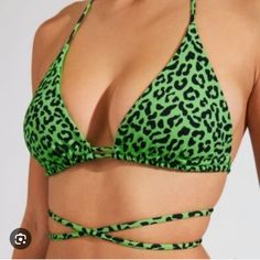 This Bathing Suit Is A Show Stopper! Bright Green Leopard Print. Cheeky High Waisted Bottom. Never Worn. Trendy Green Swimwear With Built-in Bra, Trendy Fitted Halter Top For Pool, Fitted Trendy Halter Top, Trendy Green Triangle Top Swimwear, Trendy Green Halter Top For Beach, Green Leopard Print, High Waist Bottoms, Bright Green, Black Green