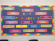 a bulletin board with the words got character? written on it in front of two black chairs