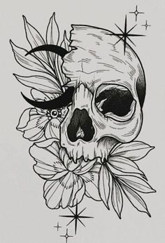 a drawing of a skull with flowers on it's head and stars in the background