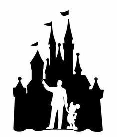 the silhouette of a man and child in front of a castle