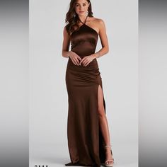 Brand New, Never Worn, Tags Attached, Satin Chocolate Brown Formal Gown. Chacolate Brown Color Dresses, Cooper Bridesmaid Dress Black For Men, Brown Wedding Dress Simple, Chocolate Brown Dress Satin, Dark Brown Formal Dress, Chocolate Brown Bridesmaid Dress, Brown Prom Dress, Chocolate Bridesmaid Dresses, Brown Long Dress