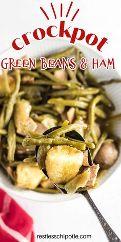 crockpot green beans and ham in a white bowl with a spoon on the side