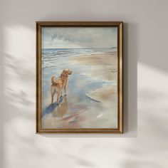 an oil painting of a dog on the beach