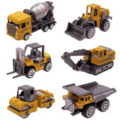 four different types of construction vehicles on a white background