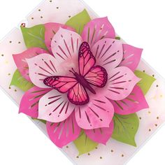 a pink and green flower with a butterfly on it