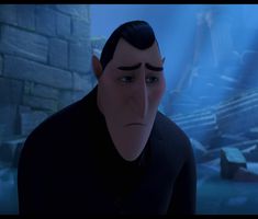 the animated character is frowning in front of an image of a man with black hair