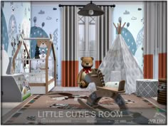 a child's room with teddy bears and teepees