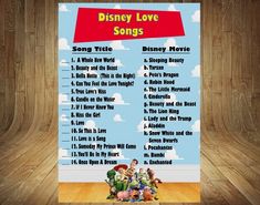 the disney love songs poster is displayed on a wooden background with wood flooring and walls