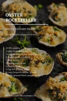 an image of oysters with broccoli and cheese on the side for recipe