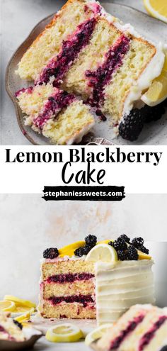 lemon blackberry cake with blueberries and blackberries on the top is cut into slices