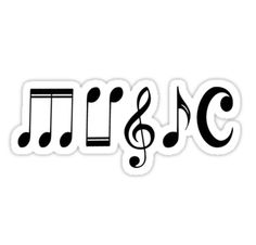 the word music with musical notes on it sticker is shown in black and white