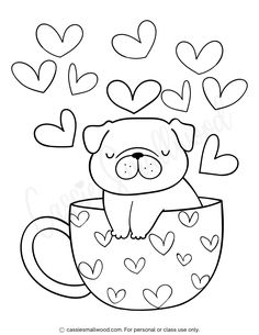 Pug in a mug surrounded by hearts Valentine coloring page for kids Valentine Colouring Printables, Valentine Coloring Sheets Free, Valentines Colouring Pages, Valentine's Day Coloring Pages Free Printable, February Coloring Pages Free Printable, Valentine’s Day Coloring Pages For Kids, Heart Doodle Art Design, Valentine’s Day Coloring Pages, Valentine Coloring Pages Free Printables