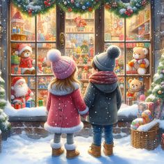 two children looking out the window at christmas decorations and teddy bears in front of them