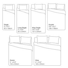 four sizes of king size bed sheets and two pillow cases with the measurements for each