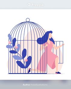 a woman in a pink dress is holding a birdcage and pointing at the plant