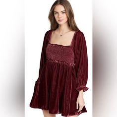 Romance And Allure Are On Offer With This Free People Babydoll Dress, Which Features Shimmery Dark Velvet And Ruched Bodice. Fabric: Mid-Weight, Non-Stretch Velvet Square Neckline And Long Puff Sleeves With Elastic Cuffs, Smocked Elastic Bodice And Waistband, Lace-Up Back, On-Seam Hip Pockets, Ruffle Trim Length: 31.5in / 80cm, From Shoulder Unlined Bodice, Lined Skirt Ships Everyday -8- Lace Up Back Dress, Daphne Dress, Velvet Sleeve, Free People Mini Dress, Boho Mini Dress, Ruched Bodice, Velvet Lace, Mini Sweater Dress, Lined Skirt