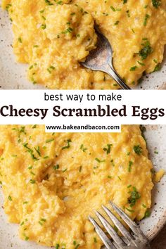 the best cheesy scrambled eggs in a white bowl with a spoon on top