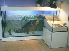 a fish tank with plants and rocks in the bottom half, sitting on top of a wooden floor