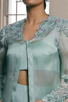 Shop for Dheeru Taneja Blue Crepe Embroidered Jacket And Sharara Set for Women Online at Aza Fashions Embroidery Crop Top, Mint Green Jacket, Sharara Pants, Crop Top Sleeveless, Sheer Jacket, Blue Mirror, Sharara Set, Embroidered Neckline, Sleeveless Jacket