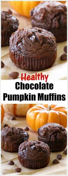 healthy chocolate pumpkin muffins with text overlay