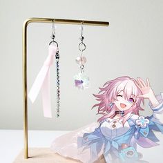 an anime character with pink hair and blue eyes is standing next to a gold stand