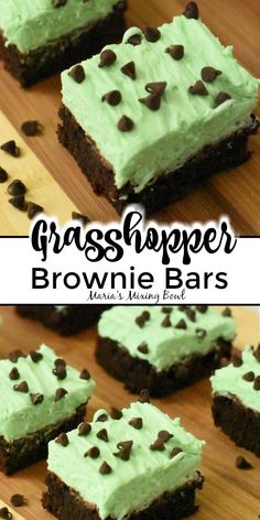 chocolate brownie bars with green frosting and chocolate chips on top