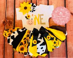 Cow And Sunflower Birthday Theme, Cow Sunflower Party, Cow Print And Sunflowers Party, Sunflower And Cow Birthday Party, Cow And Sunflower Birthday, 1st Birthday Girl Cow Theme, Tutu Birthday Outfit, Birthday Fabric